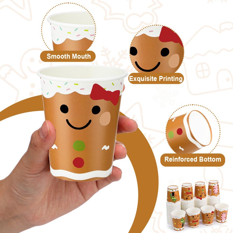 Funtery 100 Pieces Christmas Gingerbread Paper Cups Hot Chocolate Cups Xmas Disposable Coffee Cup Gingerbread Man Christmas Tree Candy Xmas 9 Ounce Drinking Tea Paper for Daily Use Holiday - Image 4